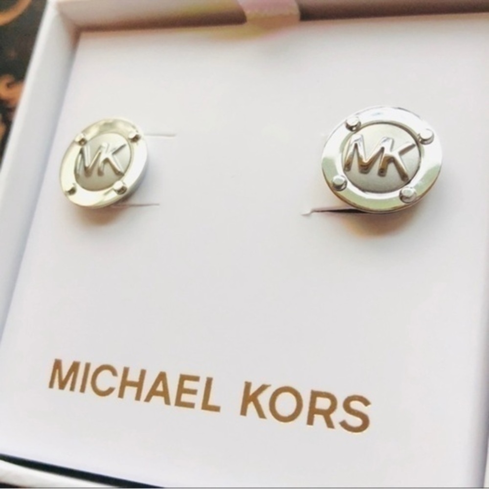 Michael Kors Silver Tone MK Logo Disc Stud Earrings NWT